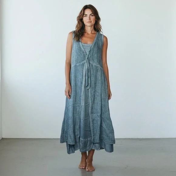 INIZIO | Sleeveless Sea Blue Tier Dress with Tie-Front Linen Over Cardi size XL - Picture 1 of 12